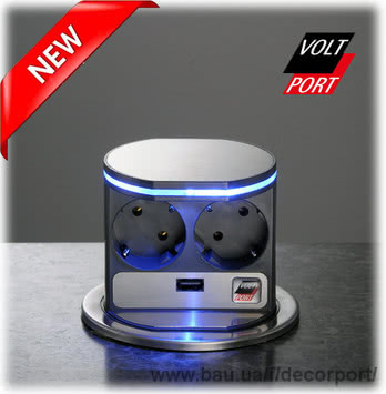 Выдвижной блок розеток VoltPort 2x220 + USB-зарядное. LED подсветка. Крышка из нержавеющей стали