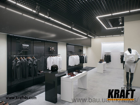 Система освещения KRAFT G-Led и потолок из пирамидального грильято в интерьере магазина