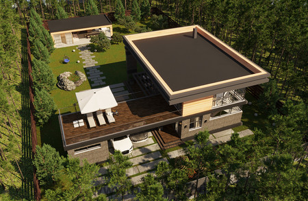 Небольшой дом с навесом для машины и террасами Countryside