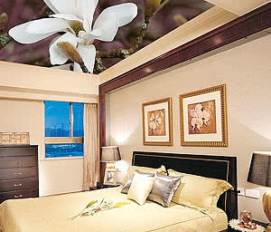 Глянцевый натяжной потолок без швов с шумоизоляцией для спальни 16 кв/м. Цена 3375 гривен с монтажом.